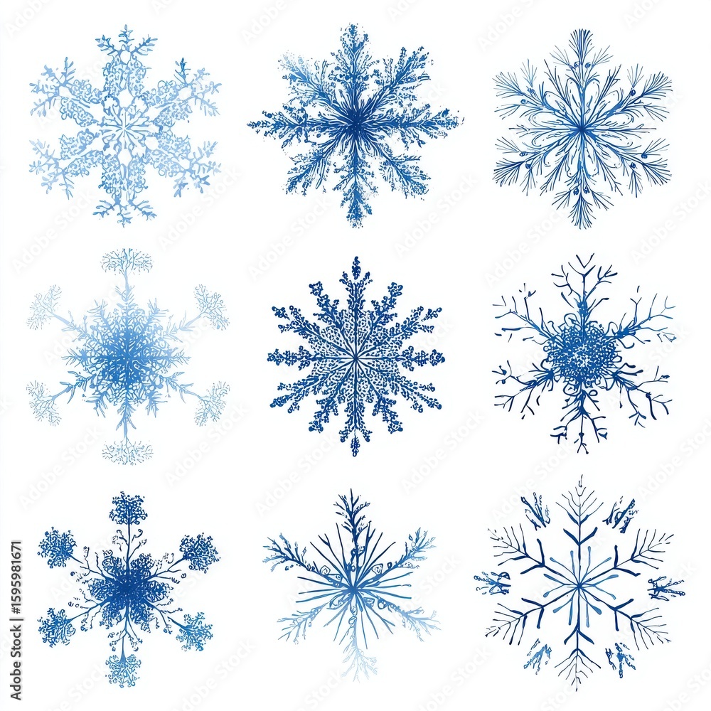 Poster a collection of different blue snowflakes showcasing intricate and unique winter crystal patterns.