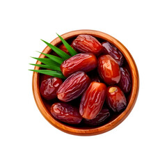 Wooden bowl of dates fruit with green leaf on transparent background