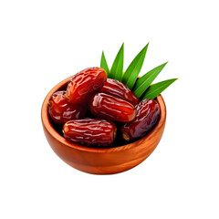 Wooden bowl of dates fruit with leaf on transparent background