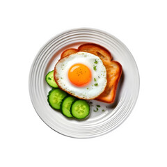 Top view of plate of bread with fried egg on transparent background