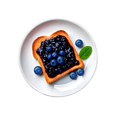 Top view of plate of bread with blueberry jam on transparent background