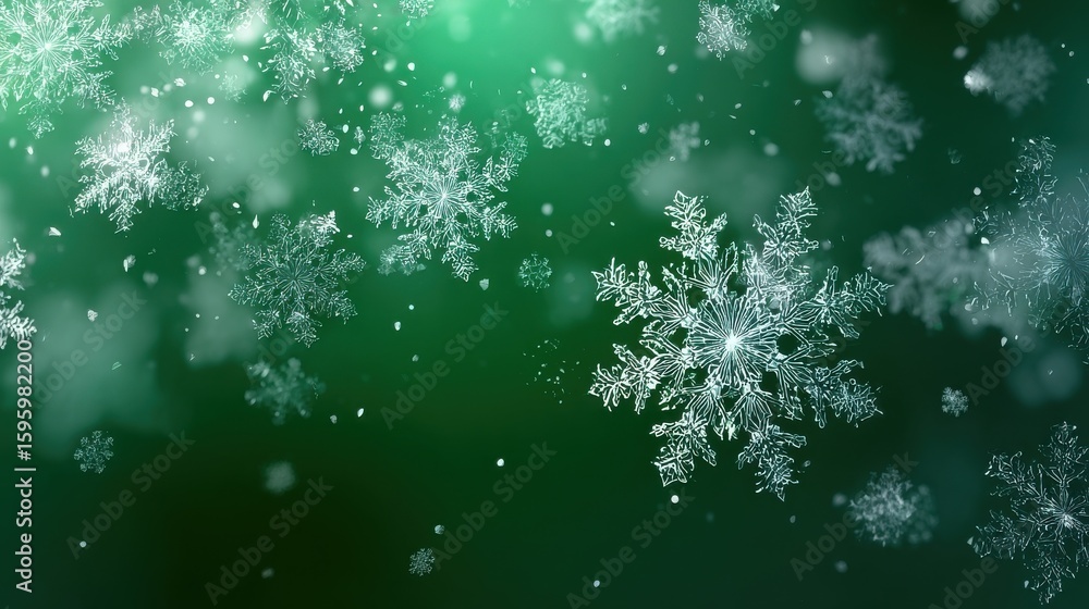 Poster a beautiful image of snowflakes falling on a green background, showcasing their delicate and intrica