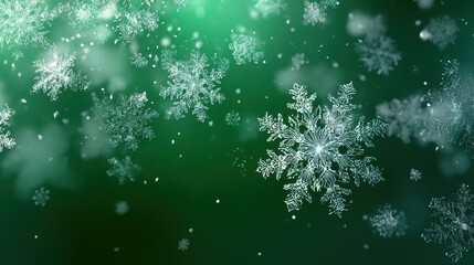 A beautiful image of snowflakes falling on a green background, showcasing their delicate and intricate structures.
