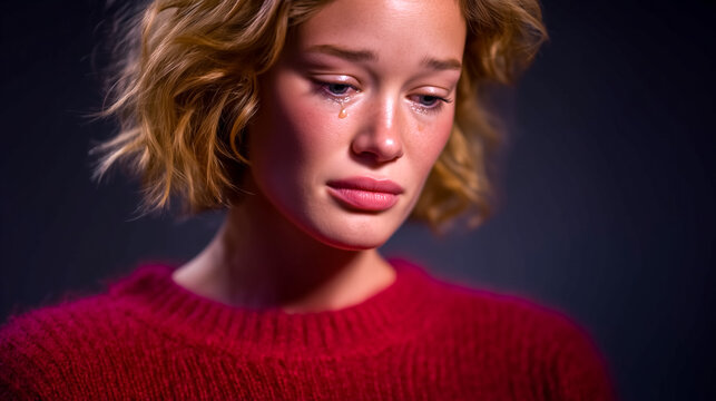 Young woman shows raw emotion with tears rolling down her cheek, eyes downcast. Soft lighting emphasizes her expression. Concept of mental health, counseling, emotional well-being