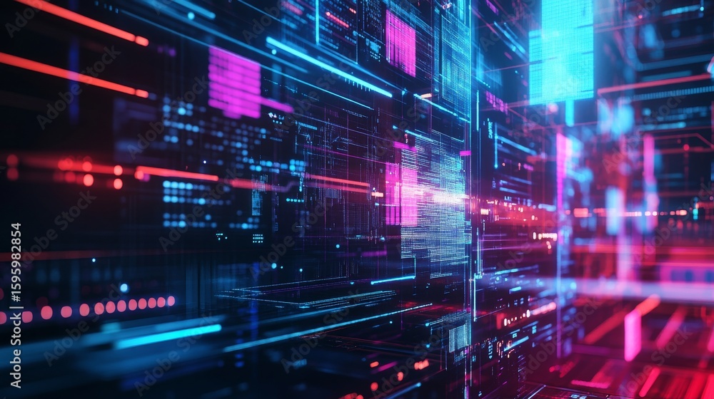 Poster a vibrant digital landscape showcases technology in motion. the colorful lines symbolize data flow a
