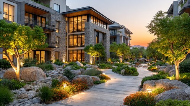 Square frontal view of two modern apartment buildings separated by green communal courtyard in Arizona desert environment