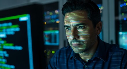 Concentrated programmer working late code reflected on face