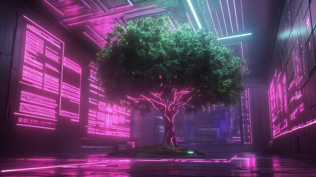 A tree in a futuristic neon city with pink lights and a glossy floor with a green leafy canopy - Powered by Adobe