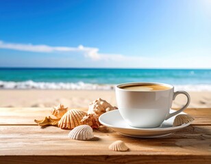  Freshly brewed coffee cup on a wooden table by the ocean, surrounded by sea sand, seashells and soft morning light. Background — blue sky and gentle waves.