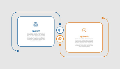 square shape base infographic diagram with round box with circle connection unbalance up and down with 2 step for slide presentation