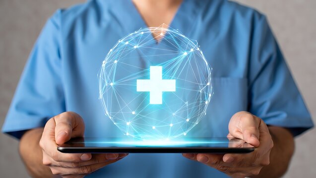Doctor holding tablet with digital health symbol for medical technology - Powered by Adobe