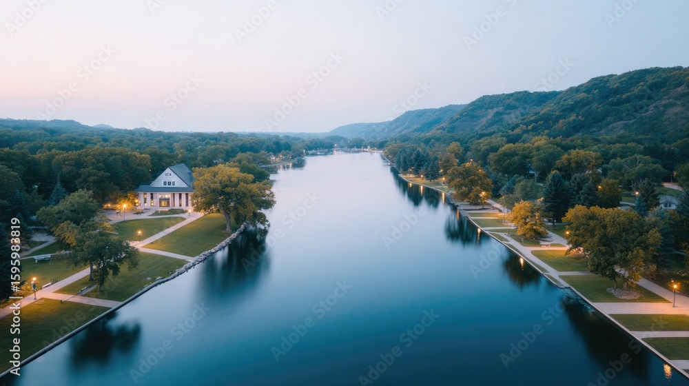 Poster drone-view overhead of lakeside pavilion with picnic tables decorative string lights and walking pat