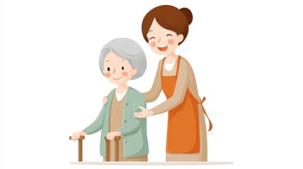 A young caregiver is providing assistance to an elderly woman who is using walking aids, emphasizing elderly care and support.