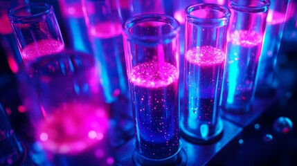 Illuminated test tubes filled with vibrant liquid solutions. They shimmer in neon pink and blue hues. A fascinating blend of science and art. Generative AI