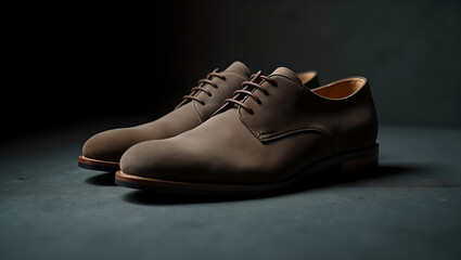 Elegant Brown Suede Dress Shoes on Dark Textured Background with Soft Lighting