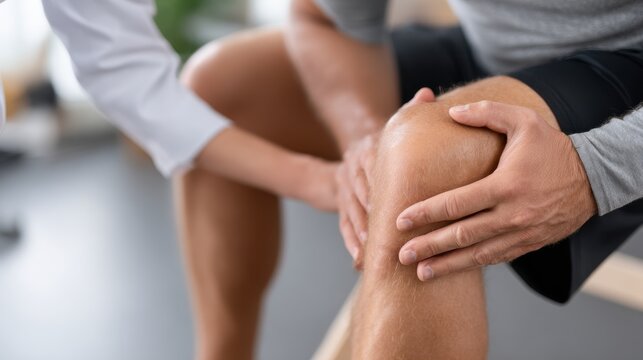 A physical therapist is examining a patient's knee to assess for any injury or pain, providing medical care and evaluation.
