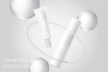 Cosmetic product ads template on gray background with serum and glass ring.