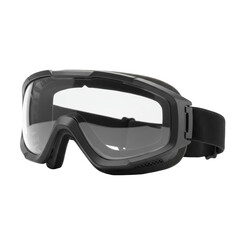 Protective sports goggles with clear impact-resistant polycarbonate anti-fog lenses, black flexible frame, and adjustable strap, isolated on a transparent studio background, high-key lighting for