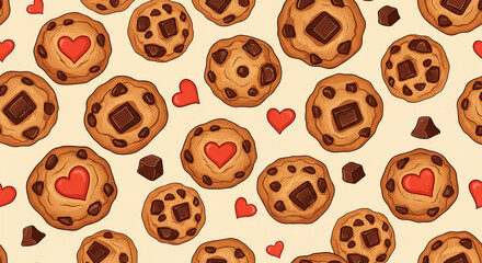 Seamless Pattern of Chocolate Chip Cookies, Red Hearts, and Chocolate Chunks on Beige Background – Cute Dessert Illustration