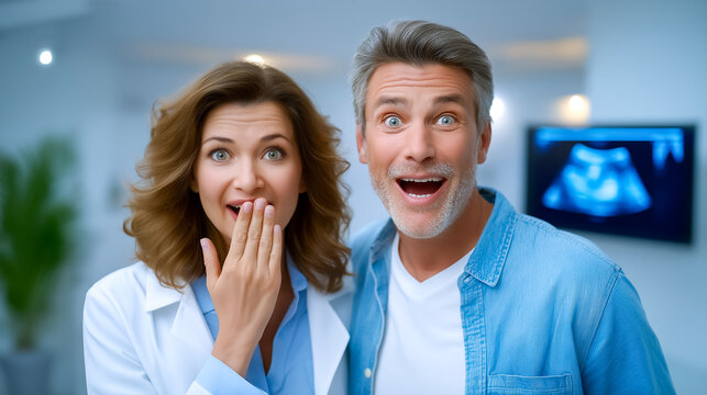 Couple looks at sonogram with astonishment and joy in bright doctor's office. Warm atmosphere emphasizes thrilling moment. Concept of healthcare, pregnancy announcement, family planning - Powered by Adobe