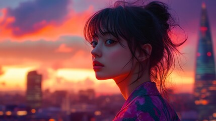 A captivating portrait of a woman against a vibrant sunset backdrop. She gazes thoughtfully into the distance. The colors create a dreamlike atmosphere. Generative AI