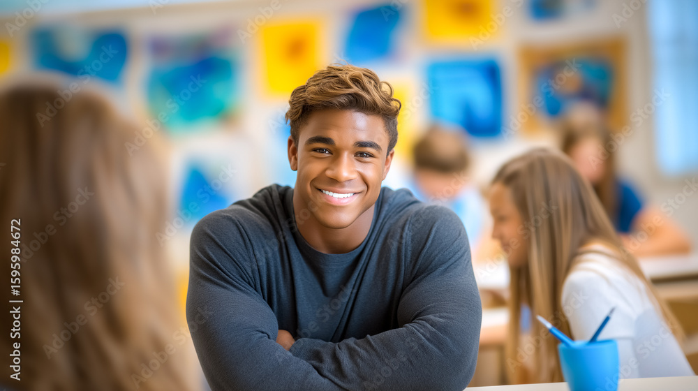 Poster young man looking at camera while smiling and engaging in conversation with peers in a lively classr