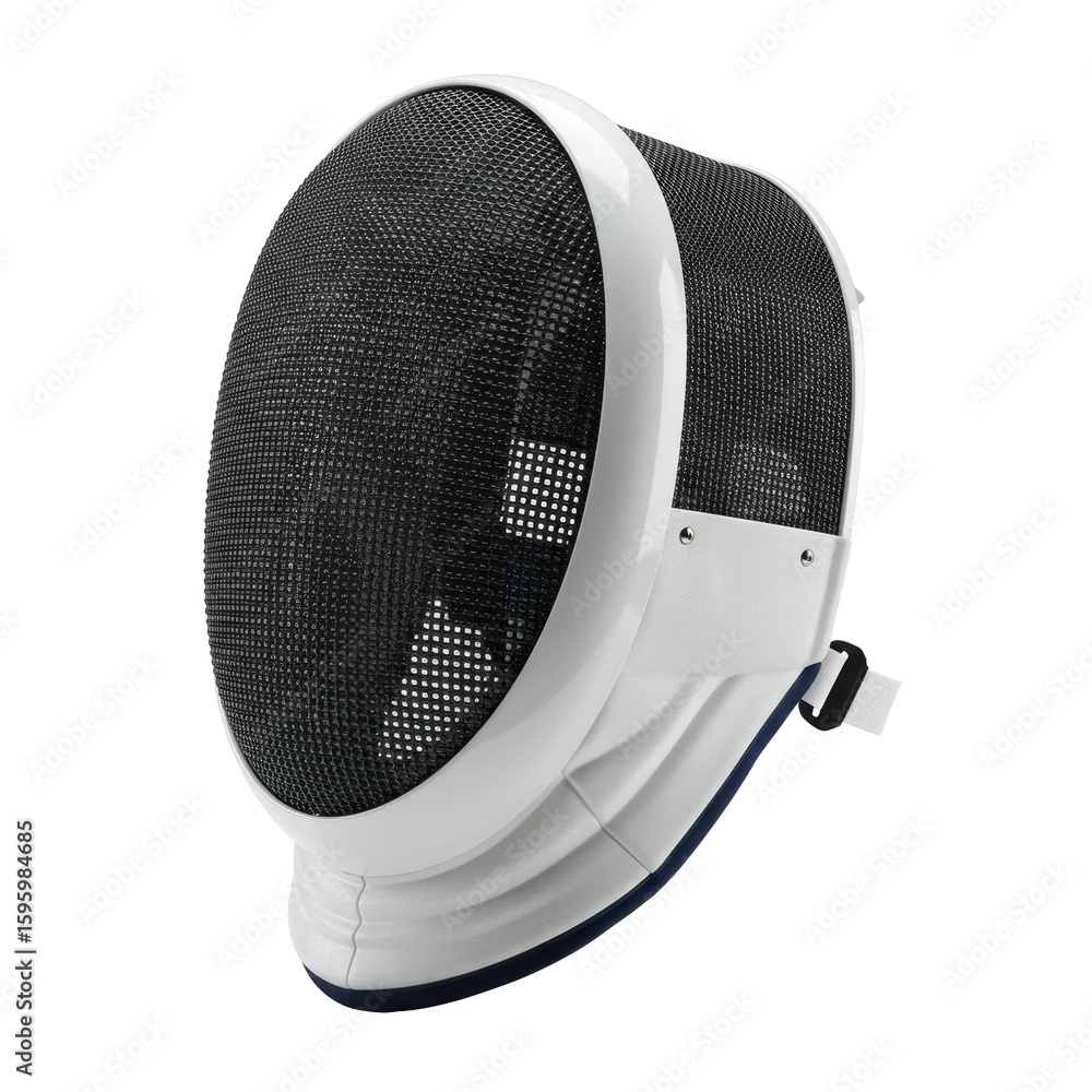 Poster a modern fencing mask, pristine with a white composite shell and dark metal mesh visor, displayed in