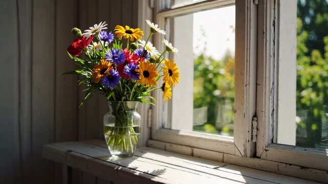 Colorful bouquet sitting on rustic window sill