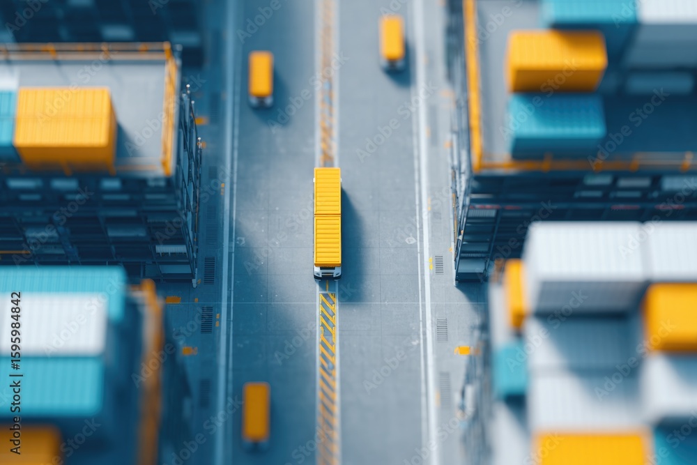 Poster drone-view overhead of warehouse with rows of service robots and pallet-loader bots arranged symmetr