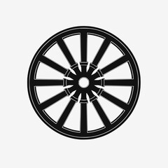 Obraz premium Solid black Buddhist wheel mandala with eight radial segments, spiritual symbol white canvas
