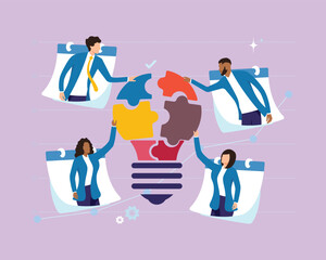 Teamwork Group Joining Puzzle Pieces, Meeting objective, company goal, target achievement planning strategy, teamwork colleagues working together on same target, business people coworkers connecting