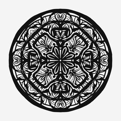 Black ink-style mandala with solid fills and thick lines, rough hand-drawn look white canvas