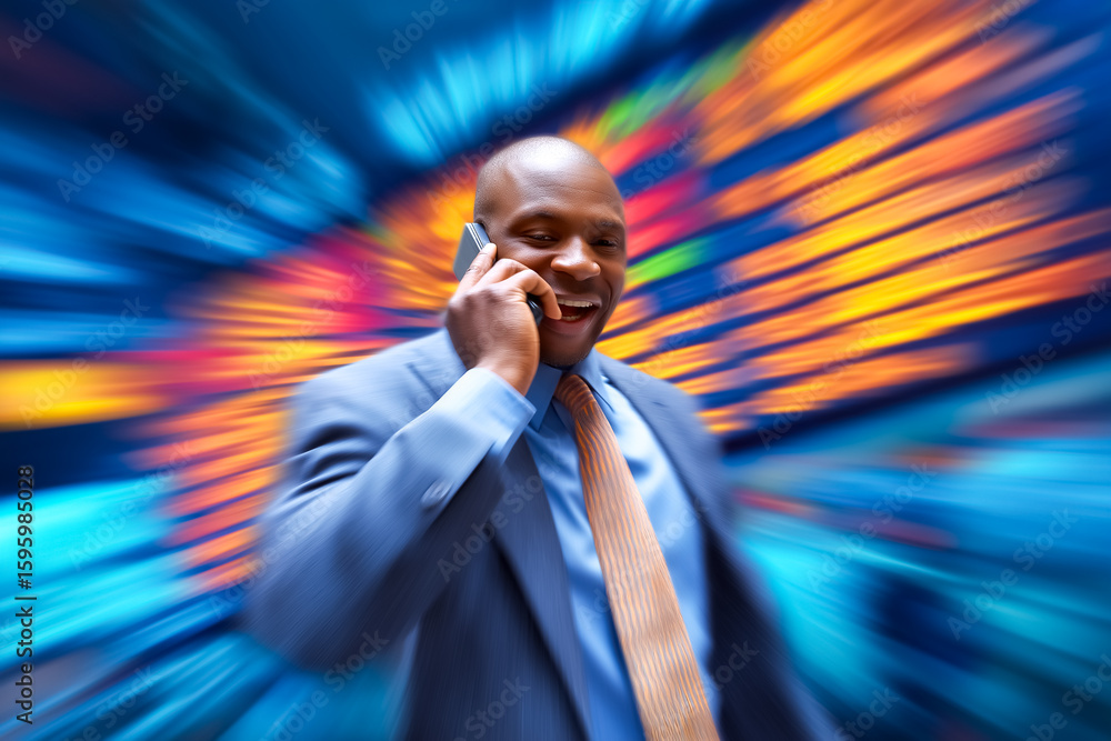 Poster businessman engaging in conversation on smartphone with a broad smile. background features colorful 