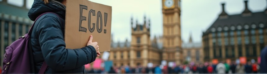 Woman holding a sign that says eco in front of a crowd of people