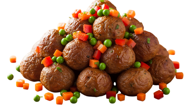 Brown meatballs with peas and diced carrots diced vegetables