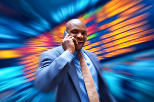Businessman engaging in conversation on smartphone with a broad smile. Background features colorful financial data display, creating a lively atmosphere