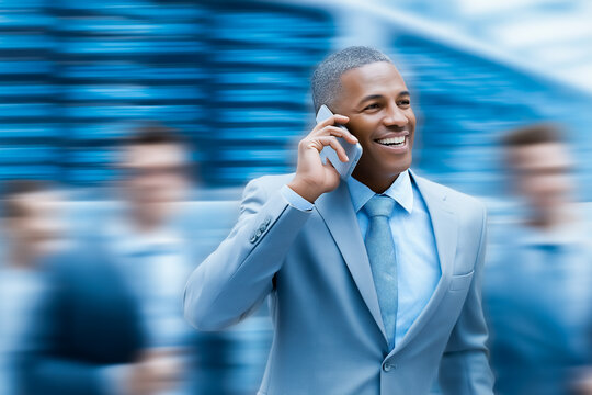 Businessman smiles while on smartphone call, showing confidence and engagement. Bright office environment with blue tones, dynamic atmosphere