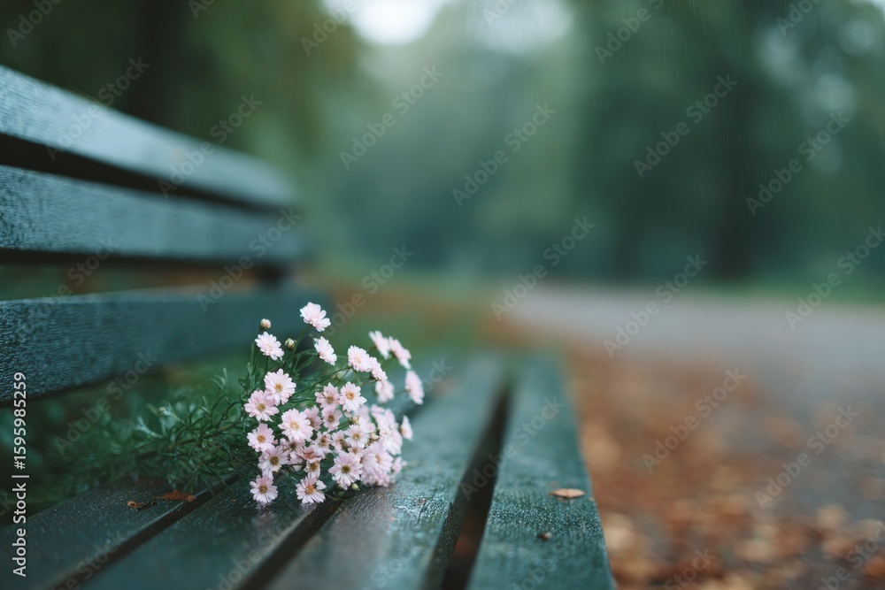 Poster empty bench in quiet park with single bouquet resting on it