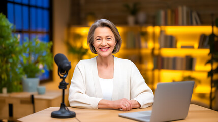 Smiling woman looking at camera while seated at a desk with a microphone and laptop. Warmly lit modern workspace filled with greenery. Concept of podcasting, remote work, online communication