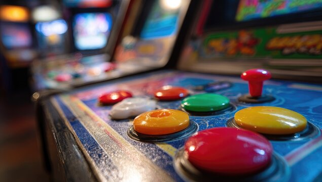 Close-up of colorful arcade game buttons and joystick