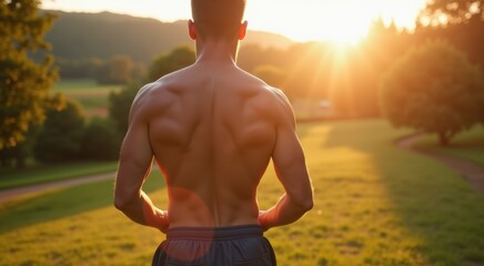 Man standing in a field with his back turned to the camera man exercising outdoors