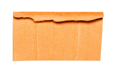 Isolated torn piece of blank orange, paper note cardboard with rough texture folded edge and copy space for text, transparent png background design element
