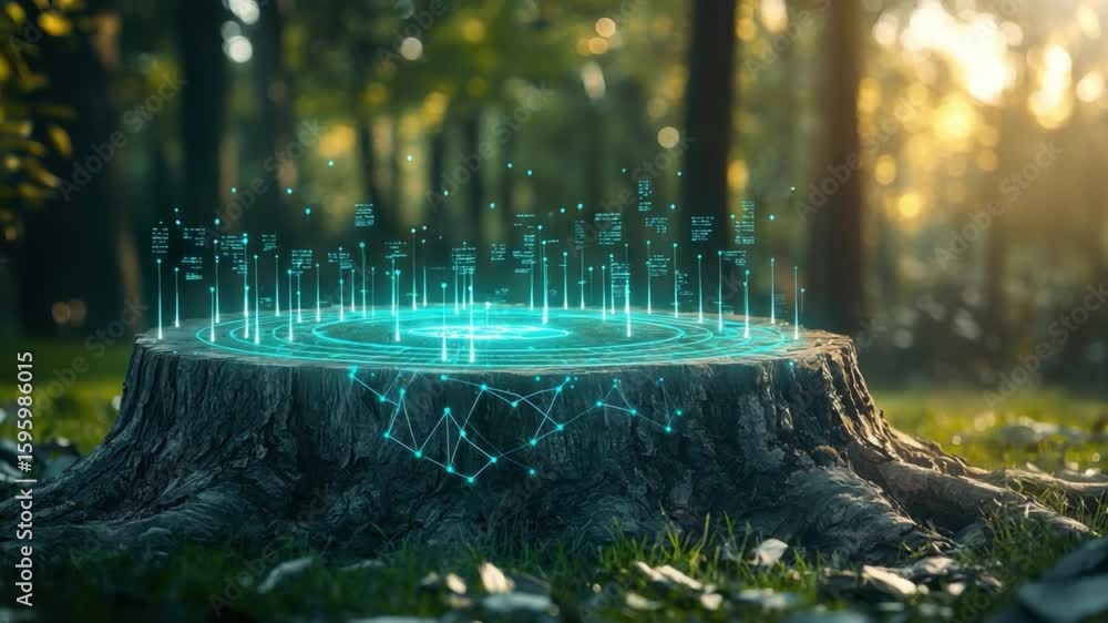 Poster futuristic tree stump with digital interface elements in a woodland setting surrounded by lush green