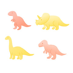 Four cartoon dinosaurs in pastel colors. Includes a pink dinosaur, a yellow triceratops, a yellow brontosaurus, and a pink T-Rex. Suitable for children's themes. Vector illustration