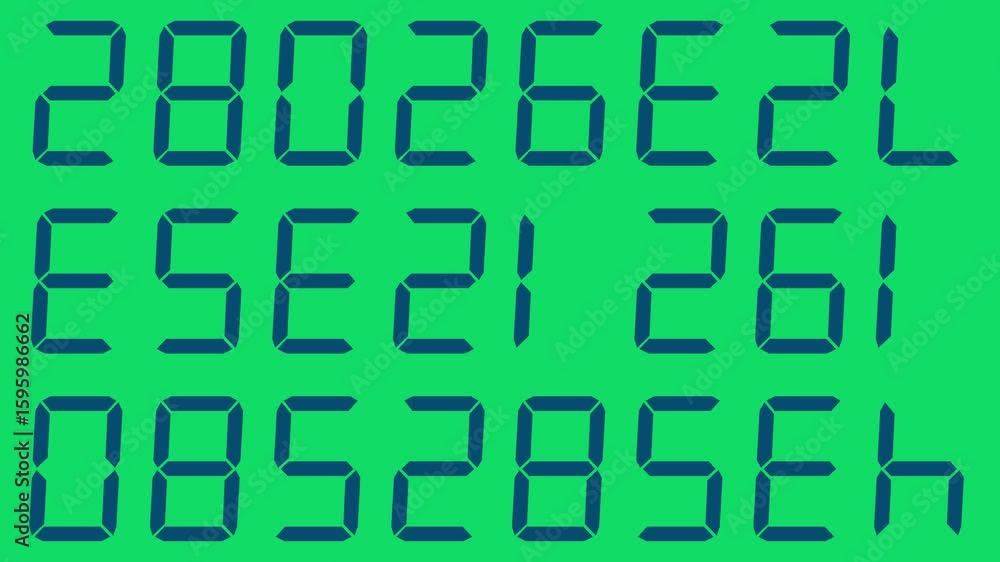 Poster randomly changing eight-digit matte navy blue digital numbers in three rows on green screen, featuri