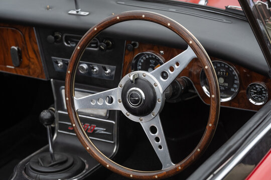SOUTHEND-ON-SEA, UK - JULY 05, 2025:  Interior of Austin Healey 3000 Mk II sports car