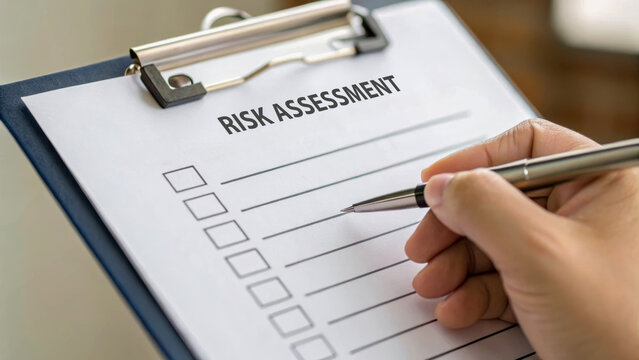Healthcare professional holding pen filling risk assessment form on clipboard for patient safety and health evaluation