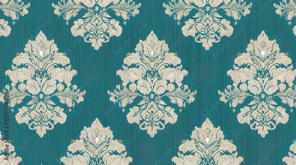 Poster a teal background with beige ornate patterns, showcasing an elegant and decorative design suitable f