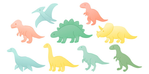 Colorful cartoon dinosaurs in various shapes and sizes. Includes a T-Rex, stegosaurus, triceratops, and brontosaurus. Suitable for children's themes.