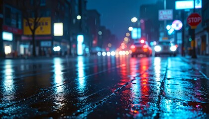 Fototapeta premium Rainy city street at night with cars, reflections, and neon lights in urban downtown nightlife scene